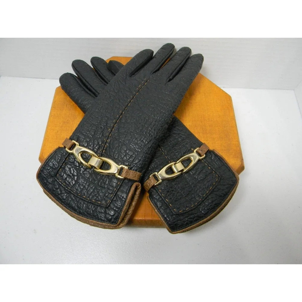 Aris Snuggler Black Driving Gloves Women's  Vtg Vinyl Backed Sherpa Lined